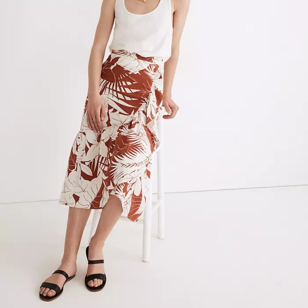 Madewell Linen-Blend Ruffle-Wrap Midi Skirt in Tropical Vacation